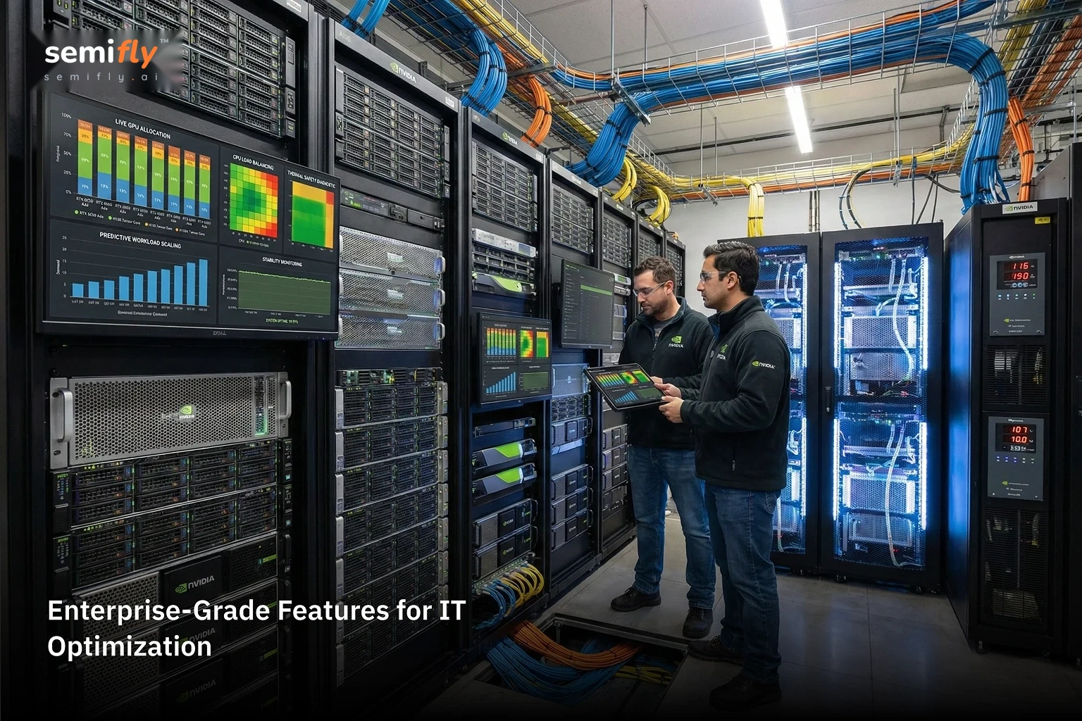 Data center engineers analyzing live GPU workload allocation, predictive scaling charts, and stability monitoring across enterprise-grade RTX server racks.