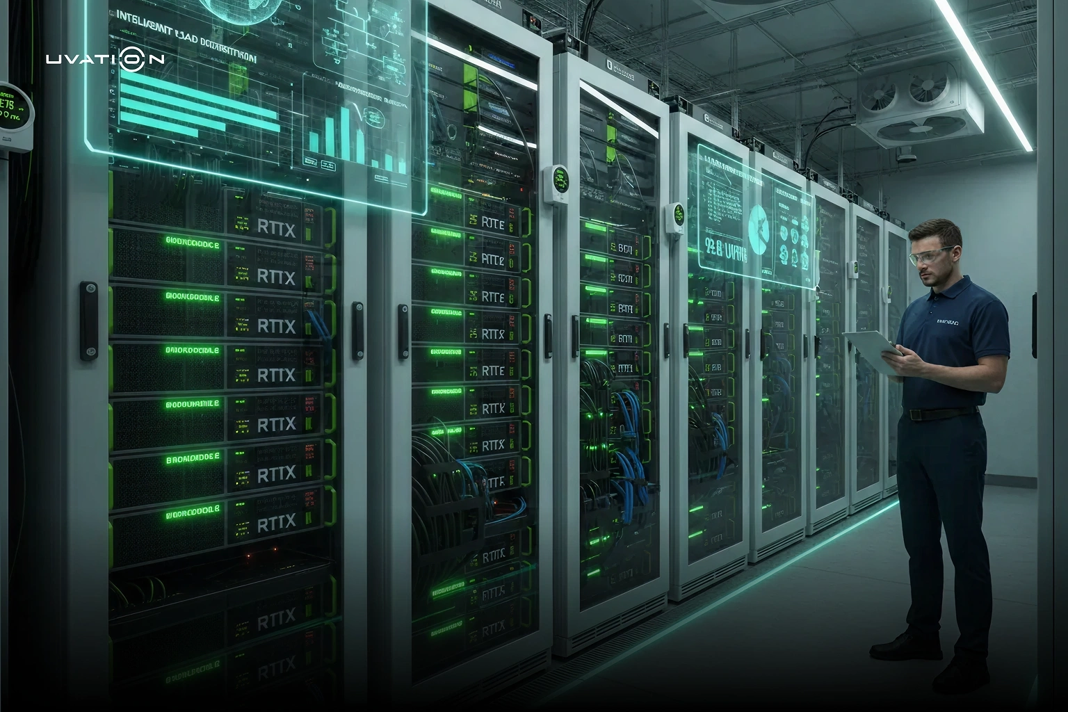 IT specialist using a tablet to inspect high-density RTX GPU servers with real-time AI performance dashboards in a controlled enterprise data center environment.