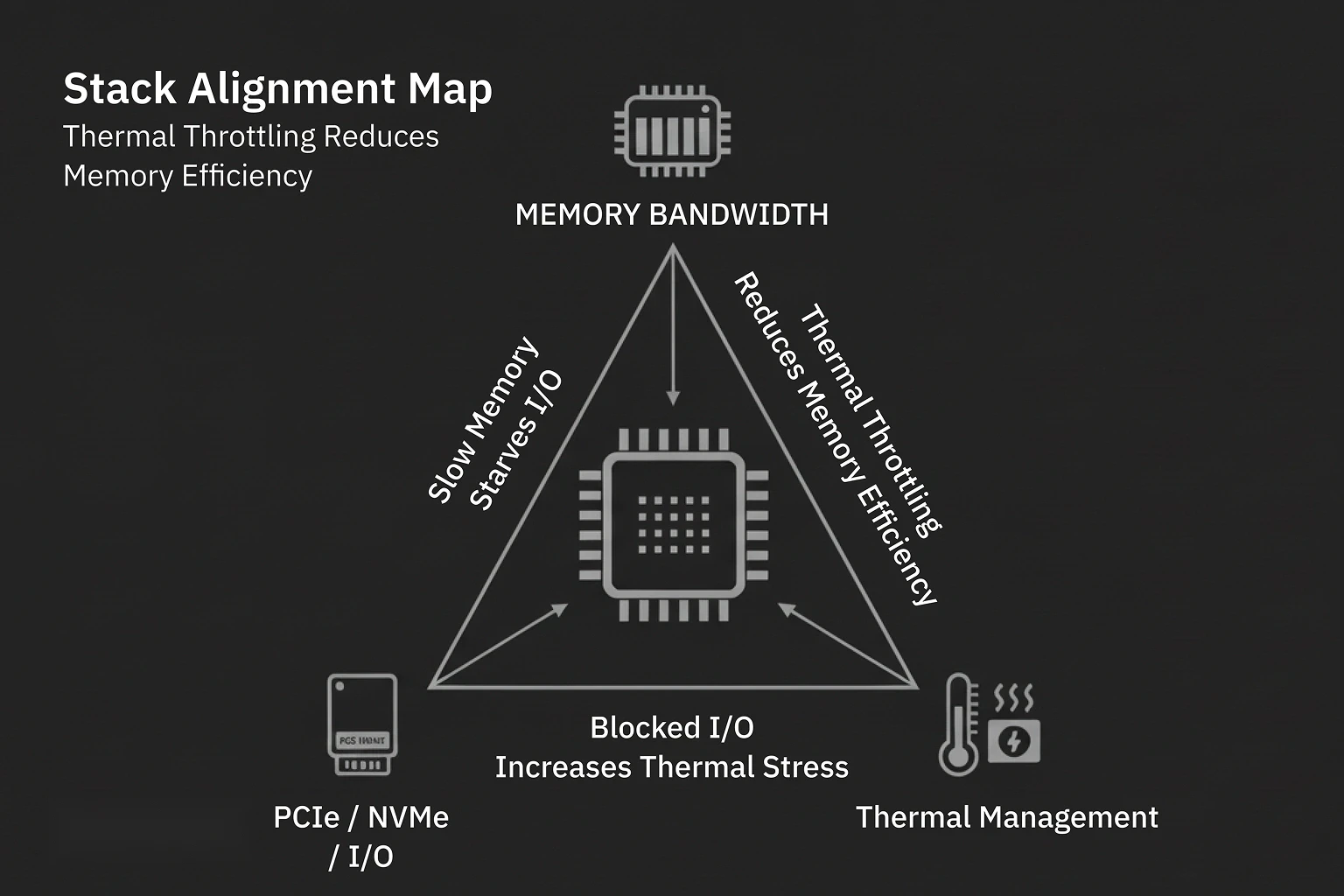 Diagram of a choked AI pipeline where GenAI responses are constrained by memory bandwidth limits, PCIe/I-O congestion, HBM3e pressure, and thermal throttling.