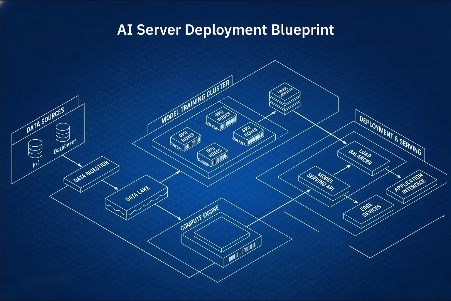 AI server deployment blueprint showing data ingestion, model training cluster, deployment, and serving architecture.