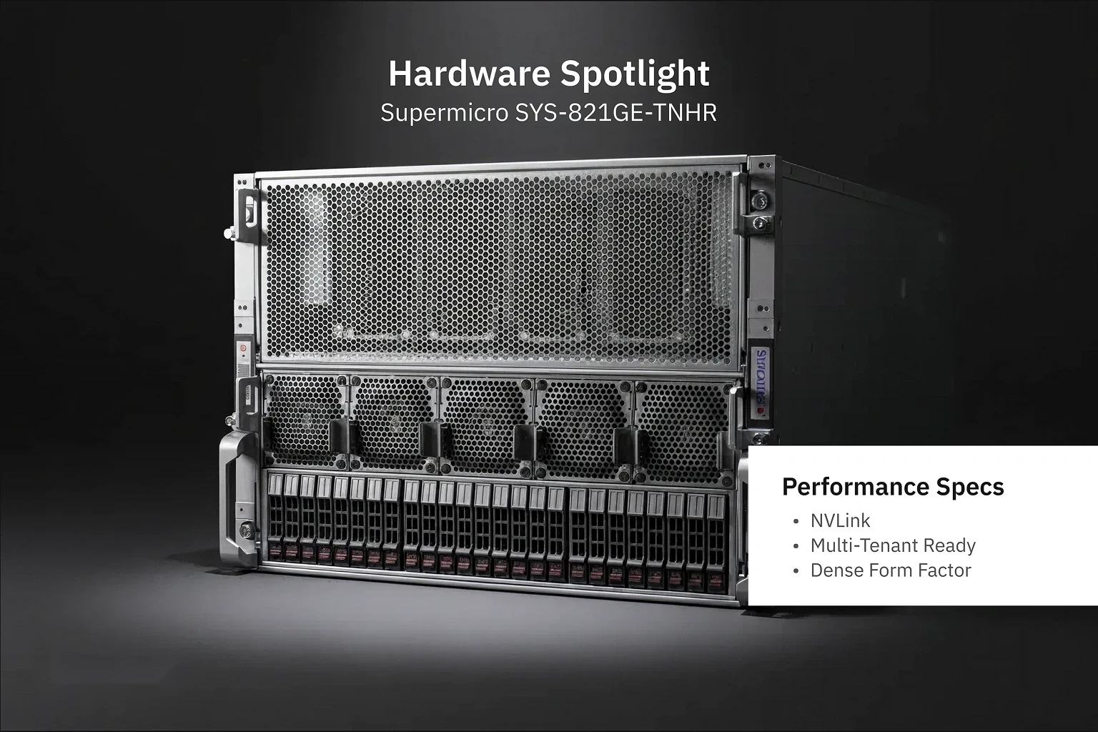 Hardware spotlight featuring Supermicro SYS-821GE-TNHR AI server with NVLink and dense form factor.