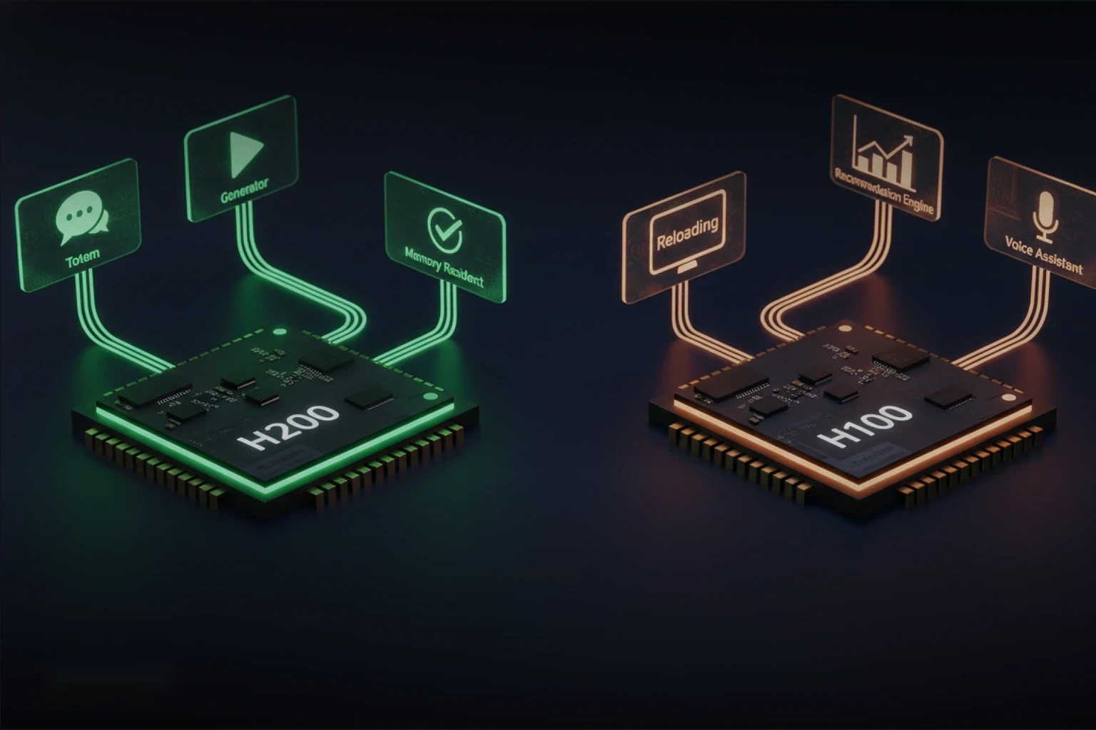 Side-by-side chip-level visualization comparing NVIDIA H100 and H200 for multi-tenant inference, showing memory-resident execution versus reload-based processing.