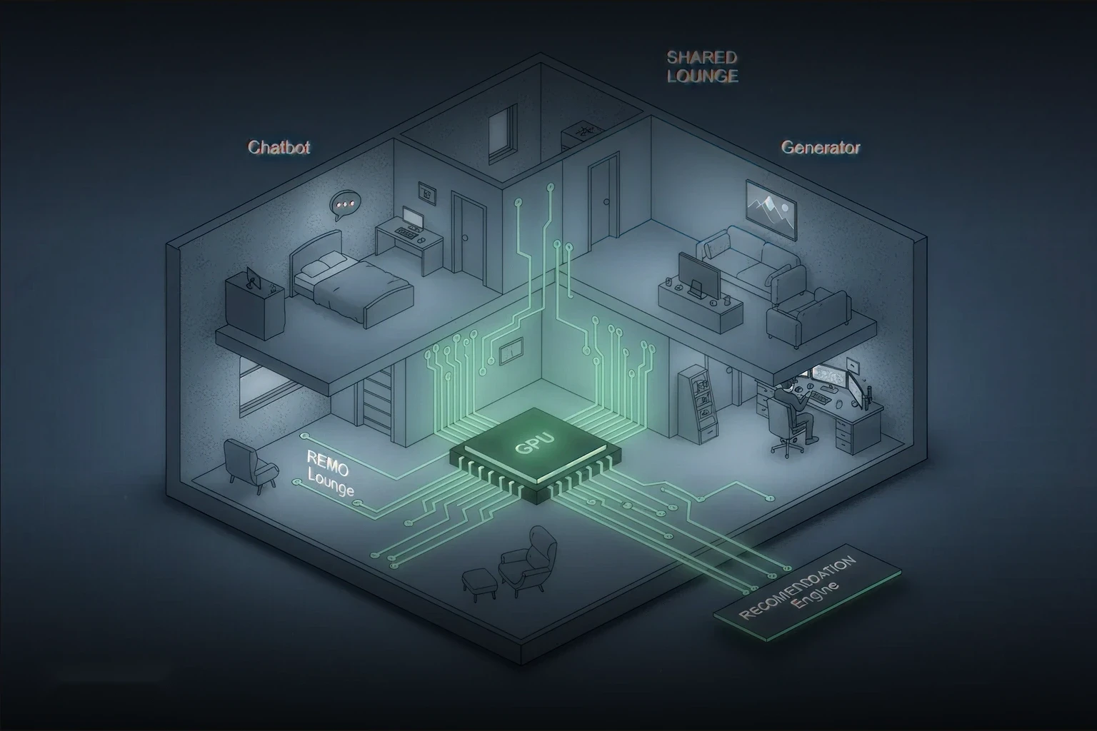 Isometric diagram of a shared GPU powering multiple AI workloads, including chatbot, generator, and recommendation engine in a multi-tenant inference setup.