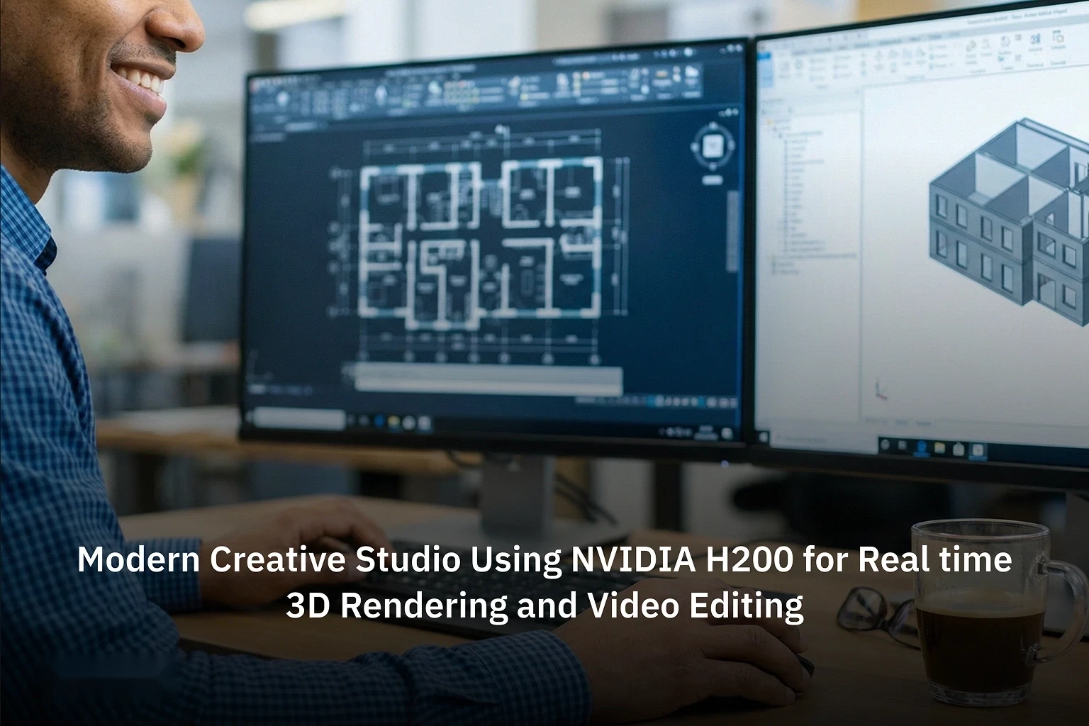 Creative professional working on dual monitors with real-time 3D modeling and video editing software powered by NVIDIA H200 GPU acceleration.
