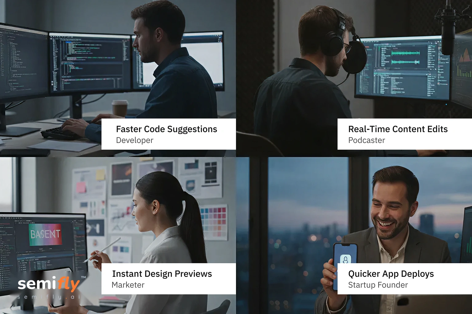 H200 benefits collage for developer, podcaster, marketer, and founder—faster code, edits, previews, and deploys