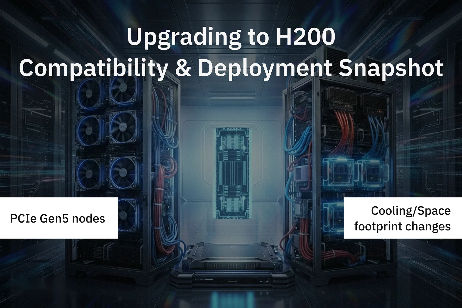 Data center upgrade snapshot illustrating H200 compatibility with PCIe Gen5 nodes and changes in cooling and space footprint.