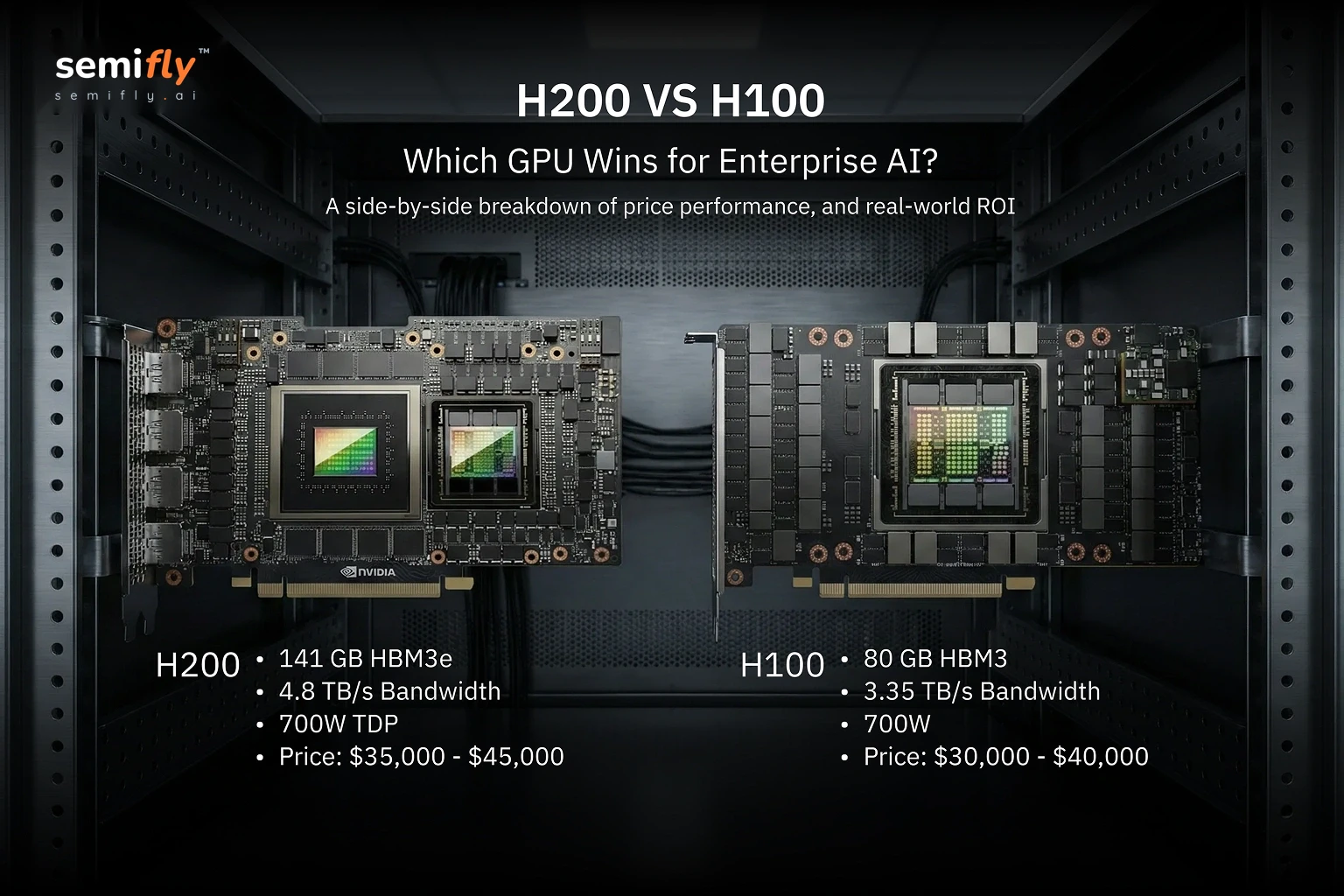 Side-by-side NVIDIA H200 and H100 GPUs mounted in a server rack with memory, bandwidth, power, and pricing specifications.
