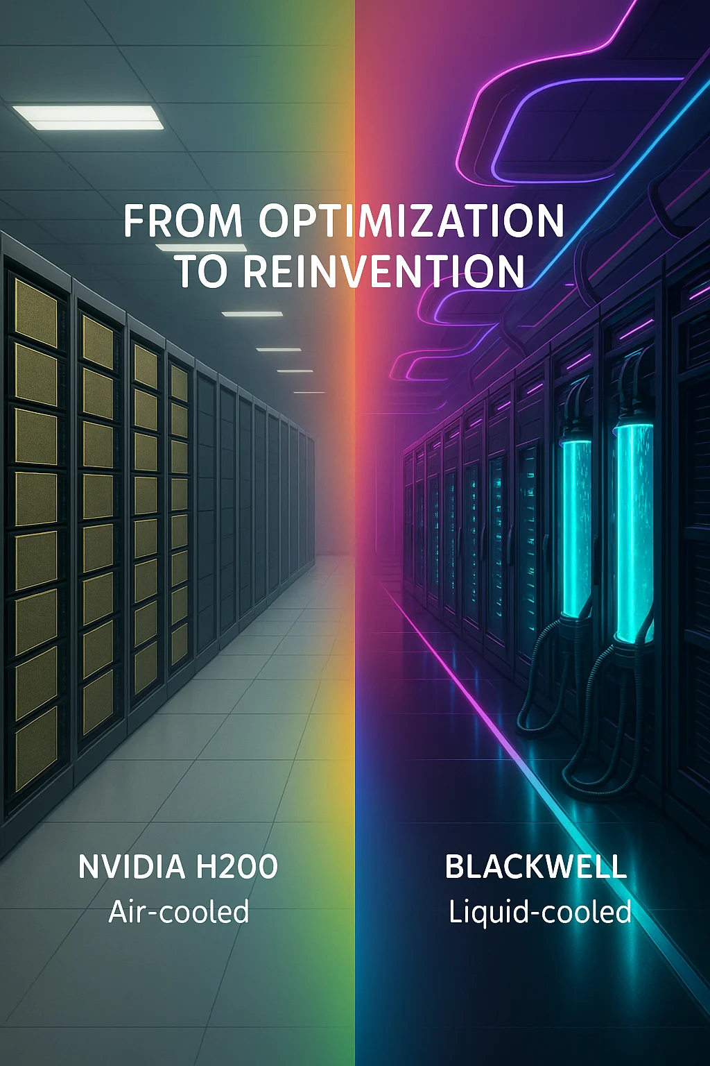 Split-screen image showing transition from Hopper-based air-cooled data centers to high-performance Blackwell liquid-cooled GPU clusters, symbolizing the evolution of AI infrastructure