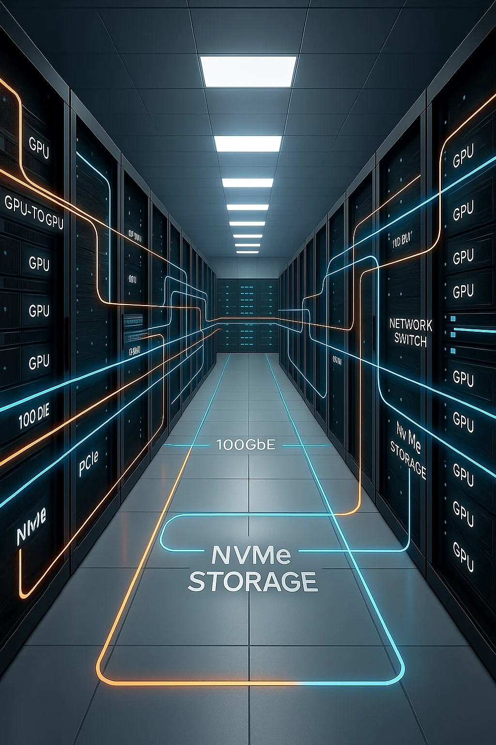 Modern AI server room with labeled data paths and network/storage overlays