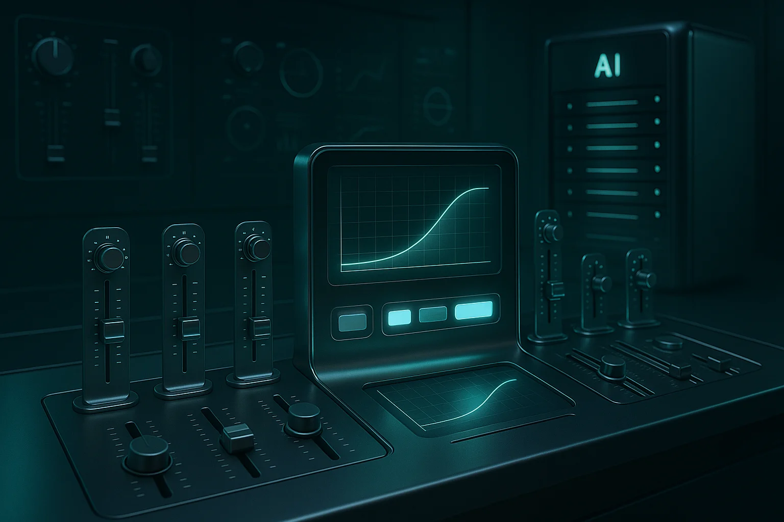 Futuristic control room interface adjusting AI batch sizes with real-time performance graphs and glowing H200 GPU activity