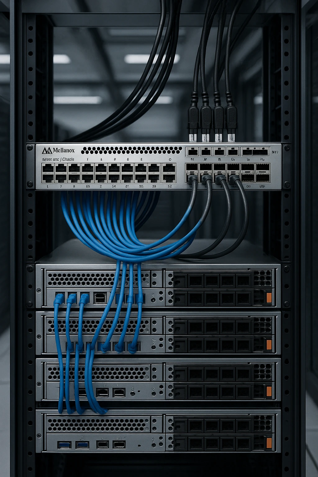 Top-of-rack SN3420 switch in a modern data center rack with labeled port connections