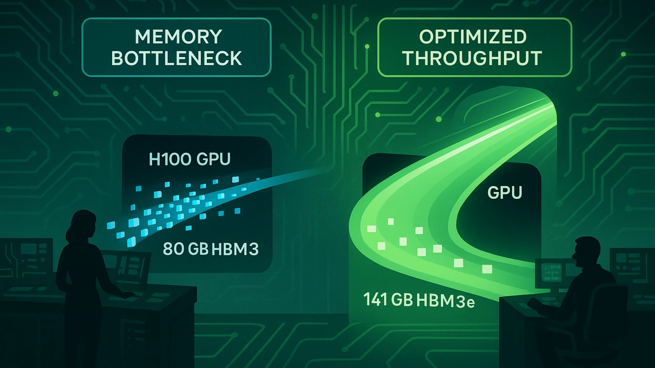 Data streams showing H200’s wider memory channel versus H100’s congested bottleneck.