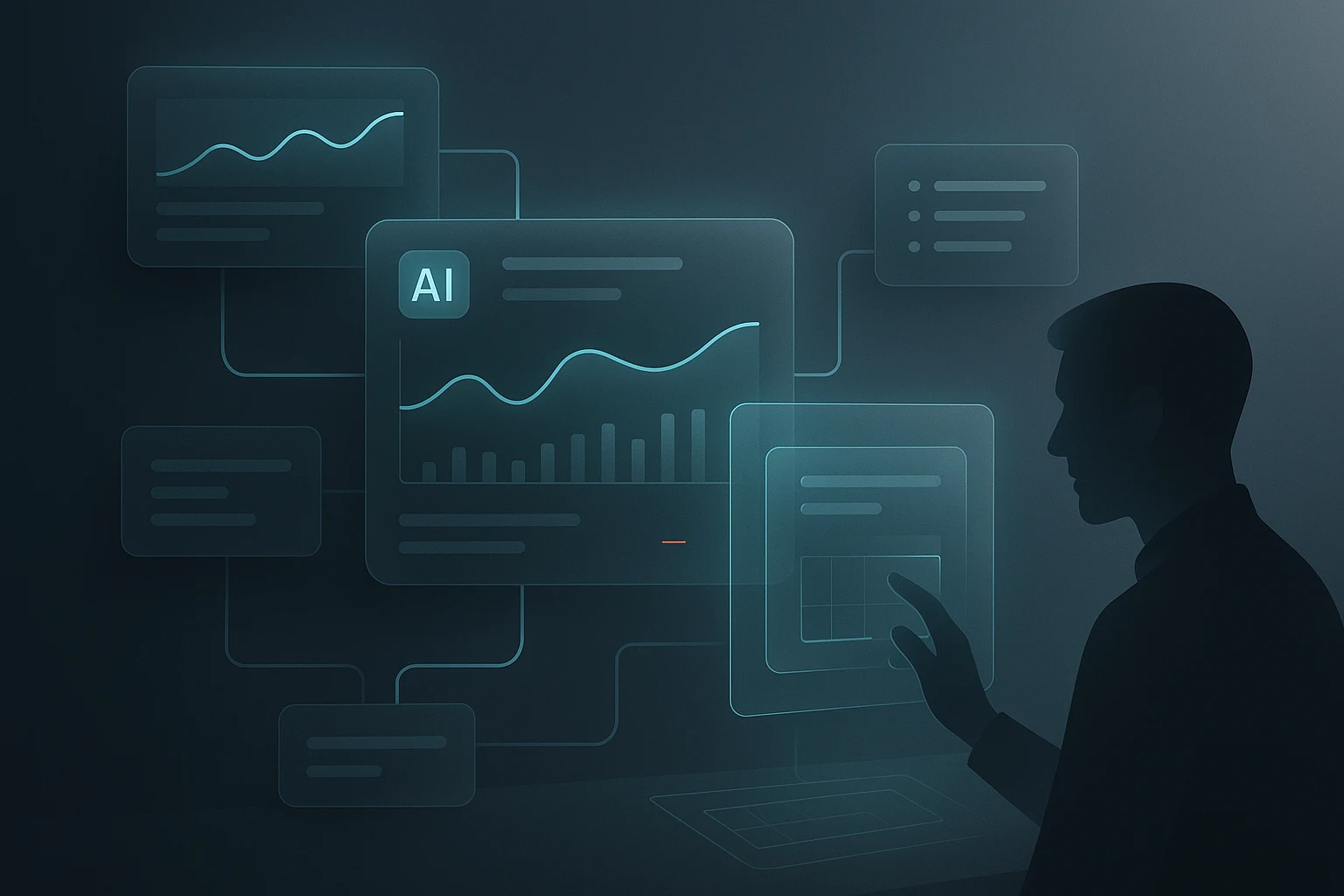 A person operates a sleek, futuristic interface showing multiple glowing UI panels connected in real-time.