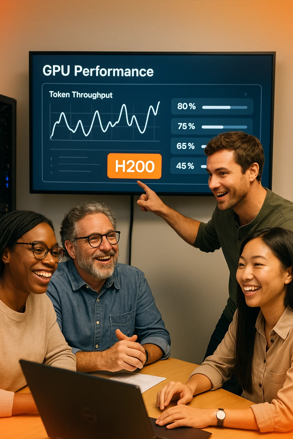 Photograph of a diverse IT team collaborating around a screen displaying GPU performance metrics; upbeat, candid energy matches Switcher’s brand tone with orange gradient highlights.