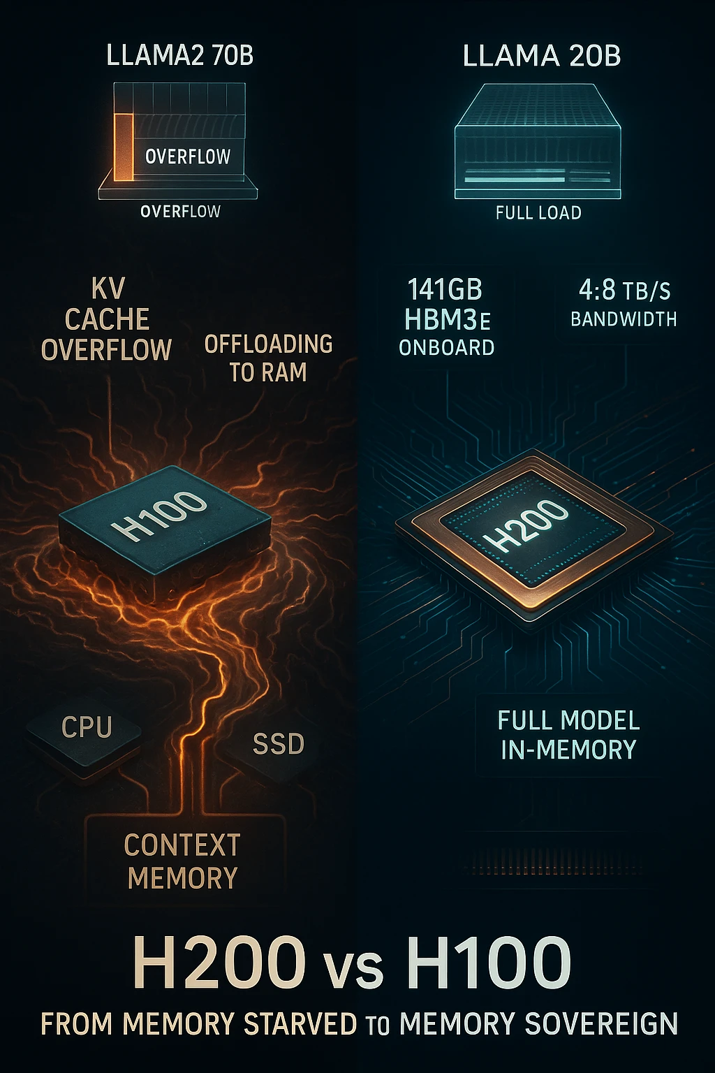 Side-by-side depiction of H100 struggling with memory offloading and H200 effortlessly handling Llama2 70B in full memory, emphasizing bandwidth and capacity advantages.