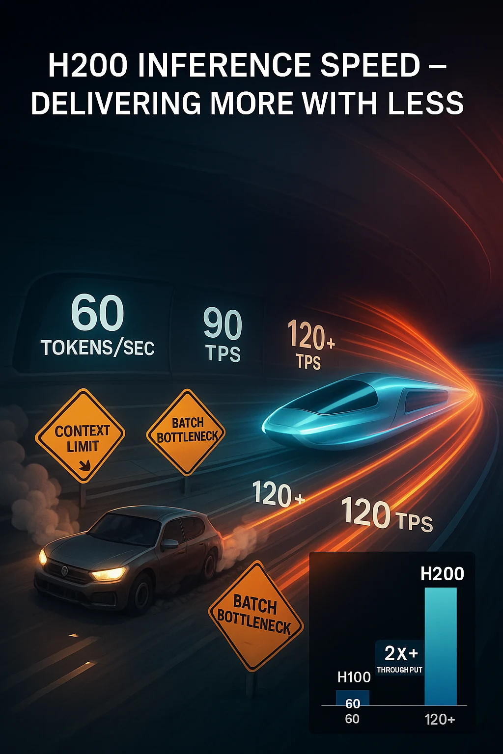 Dynamic infographic showing H200 doubling Llama2 70B throughput versus H100, visualized as a high-speed race between two AI inference engines