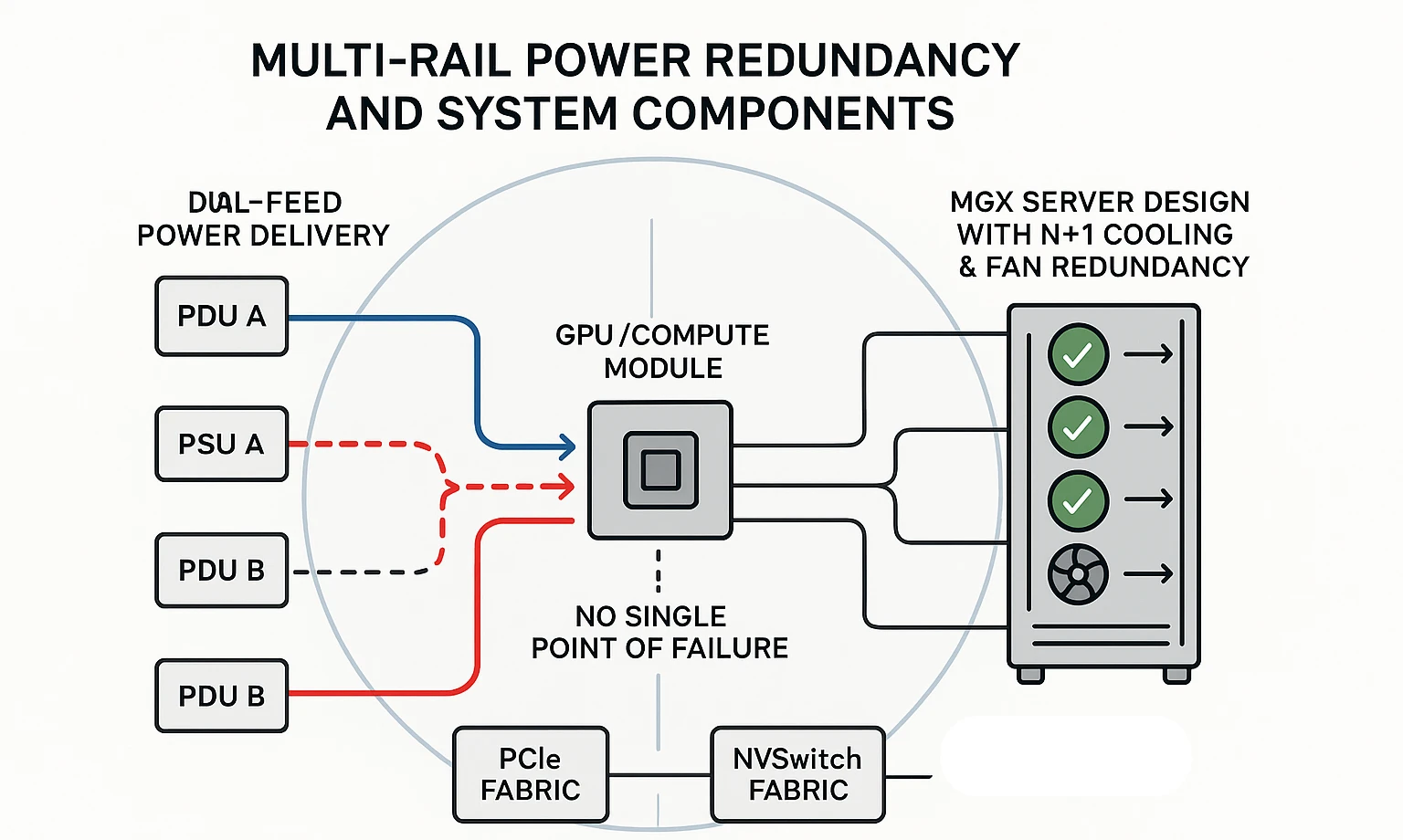 A System Diagram Illustrating Multi-Rail Power Redundancy and System Components System diagram showing multi-rail power redundancy, N+1 cooling, and fabric separation for robust LLM infrastructure