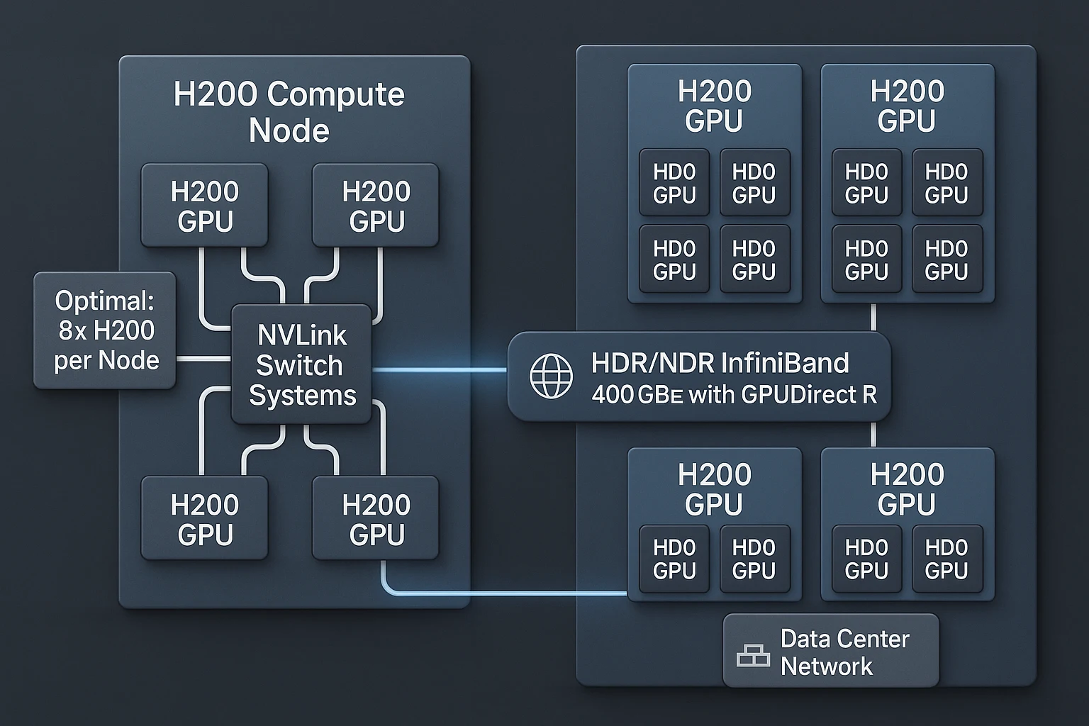 Conceptual diagram of an H200 data centre cluster, showing 8x H200 GPUs per node and high-speed inter-node networking
