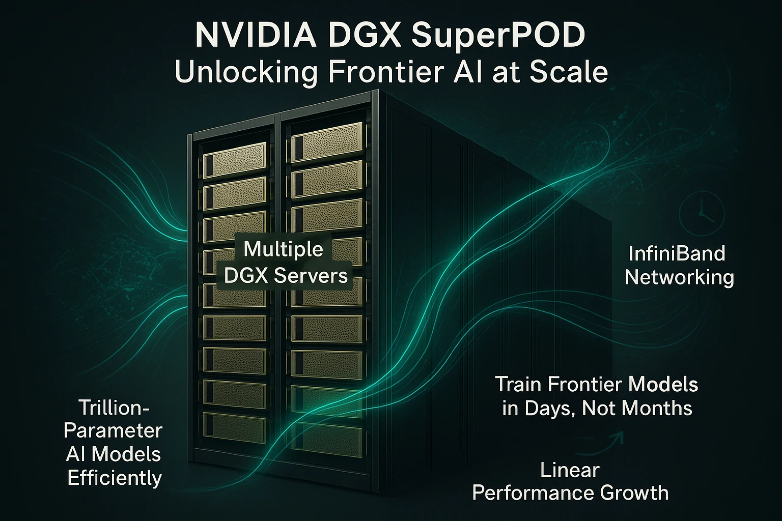 DGX SuperPOD Cluster Visual: NVIDIA DGX SuperPOD cluster: Racks of interconnected servers for massive-scale AI training