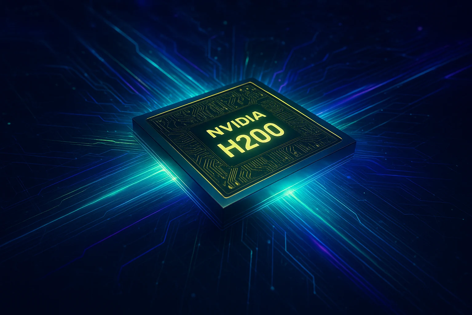 Glowing NVIDIA H200 GPU with radiating light trails, symbolising immense power and speed for AI workloads