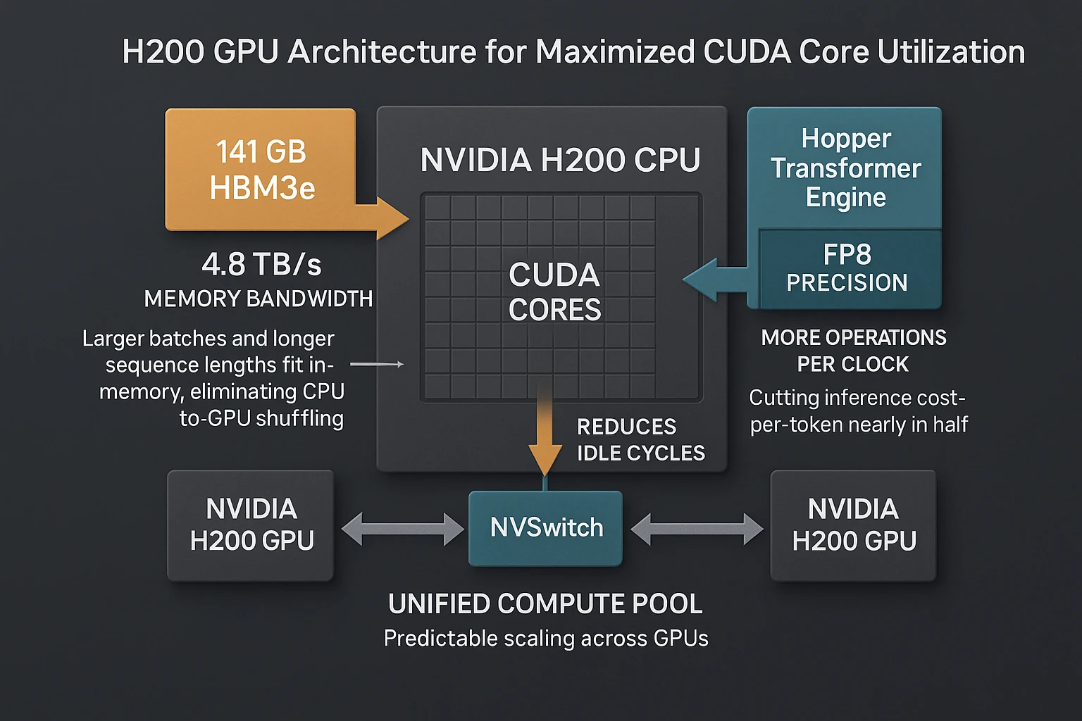 H200 GPU schematic showing HBM3e, 4.8 TB/s bandwidth, Hopper Transformer Engine, NVLink for maximised CUDA Core utilisation