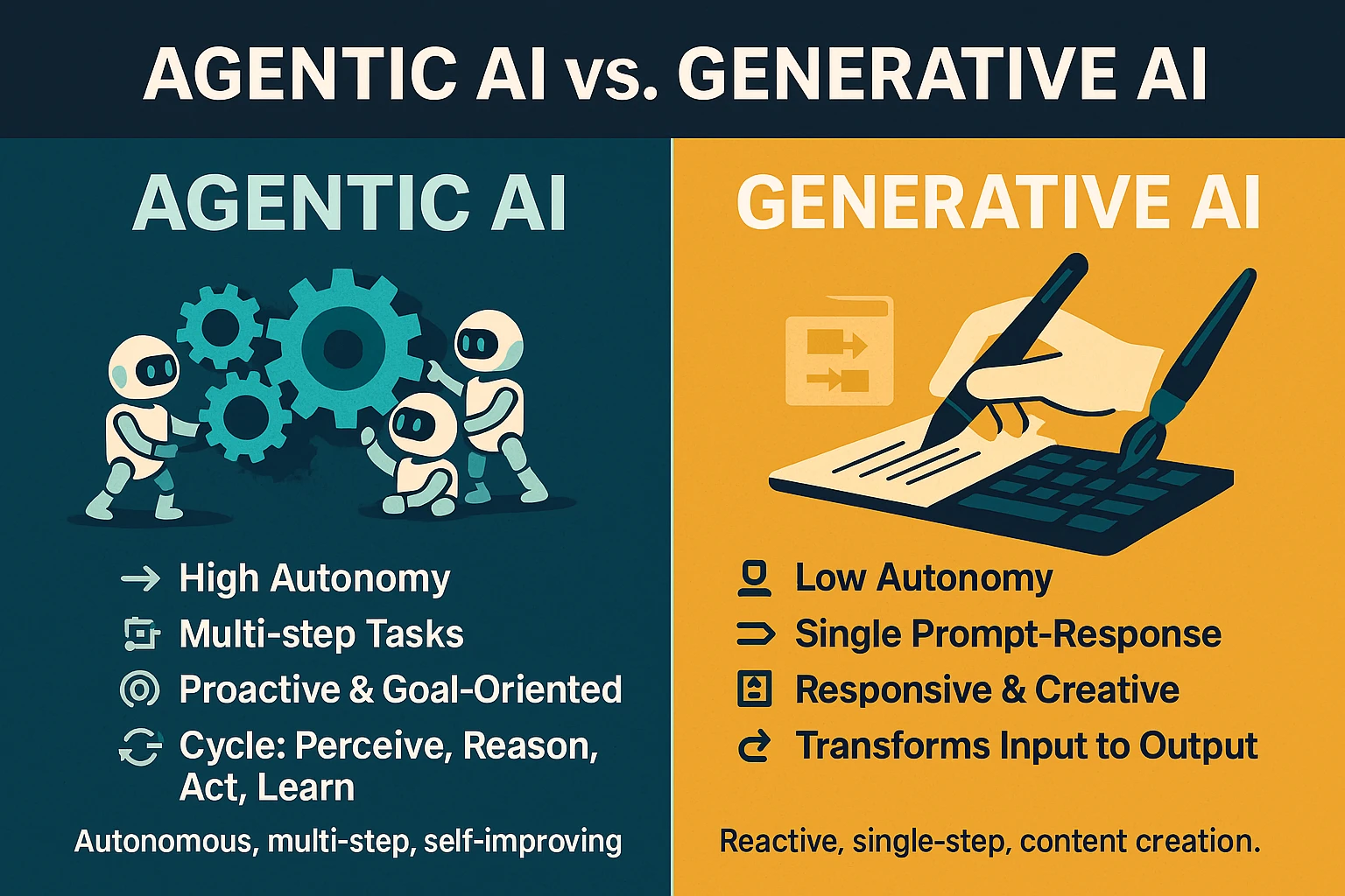 Infographic comparing Agentic AI's autonomous, multi-step tasks with Generative AI's reactive content creation