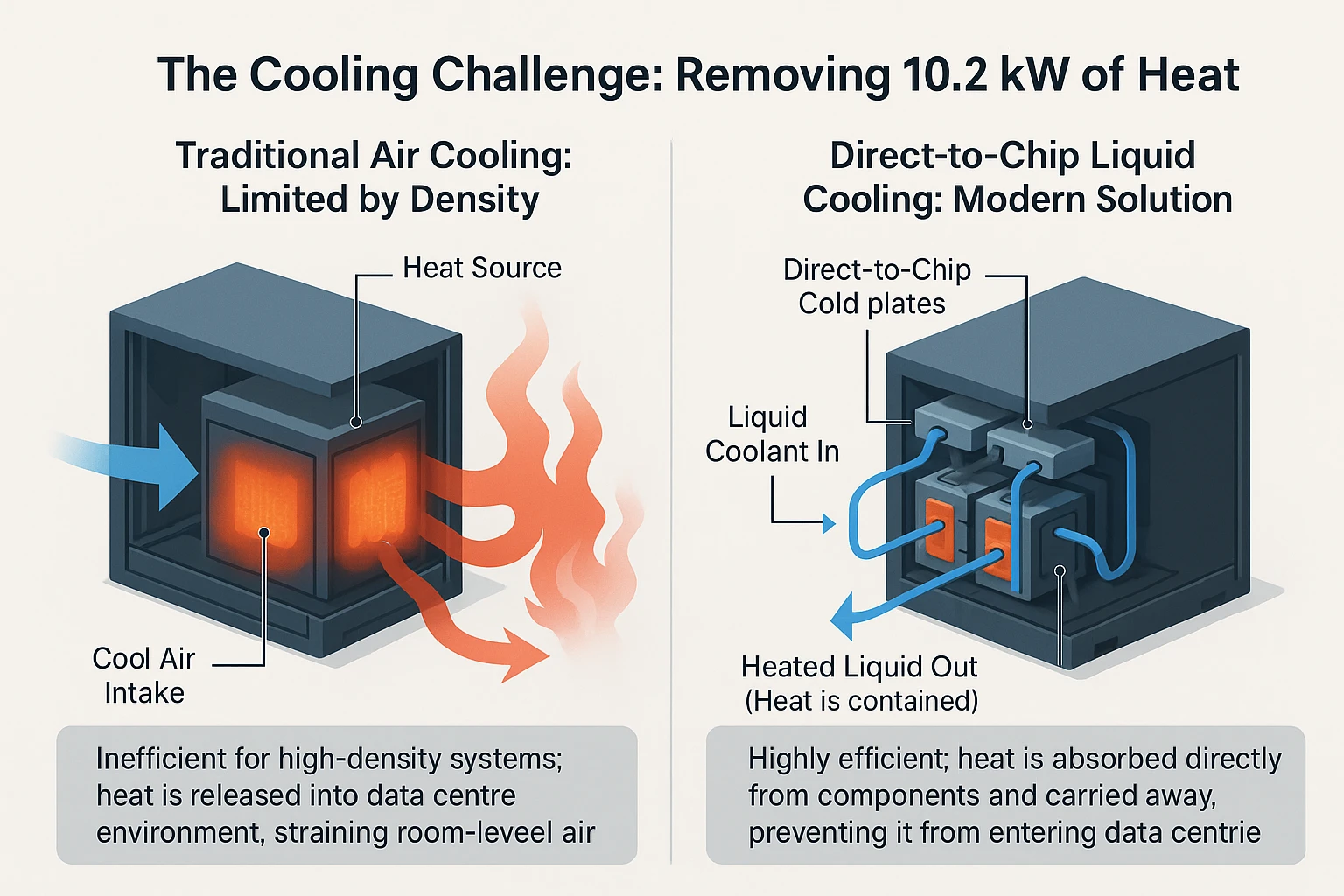 An illustration guide comparing traditional air cooling versus direct-to-chip liquid cooling for a high-performance server