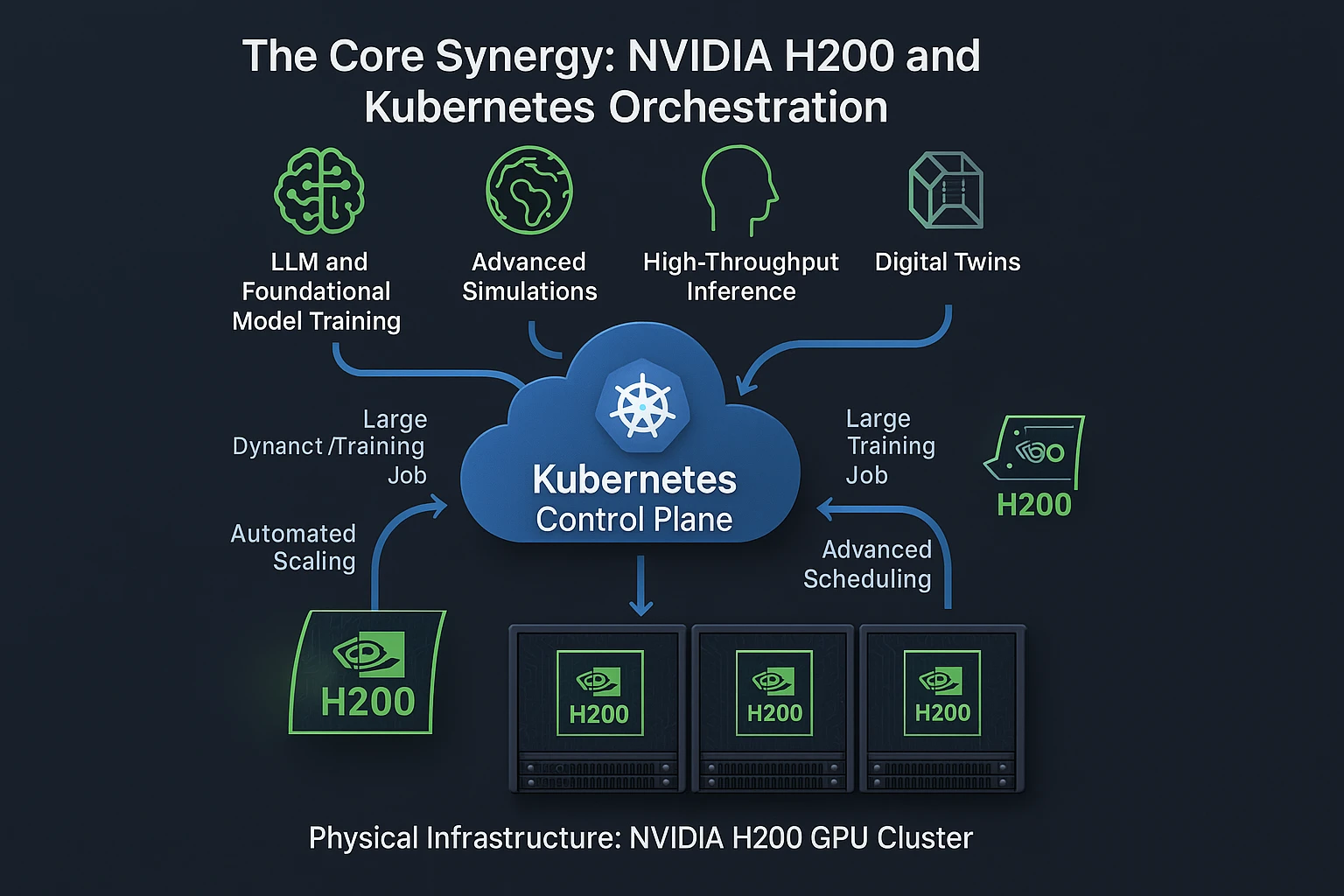 Architectural diagram showing Kubernetes orchestrating NVIDIA H200 GPUs to power enterprise AI workloads like LLM training