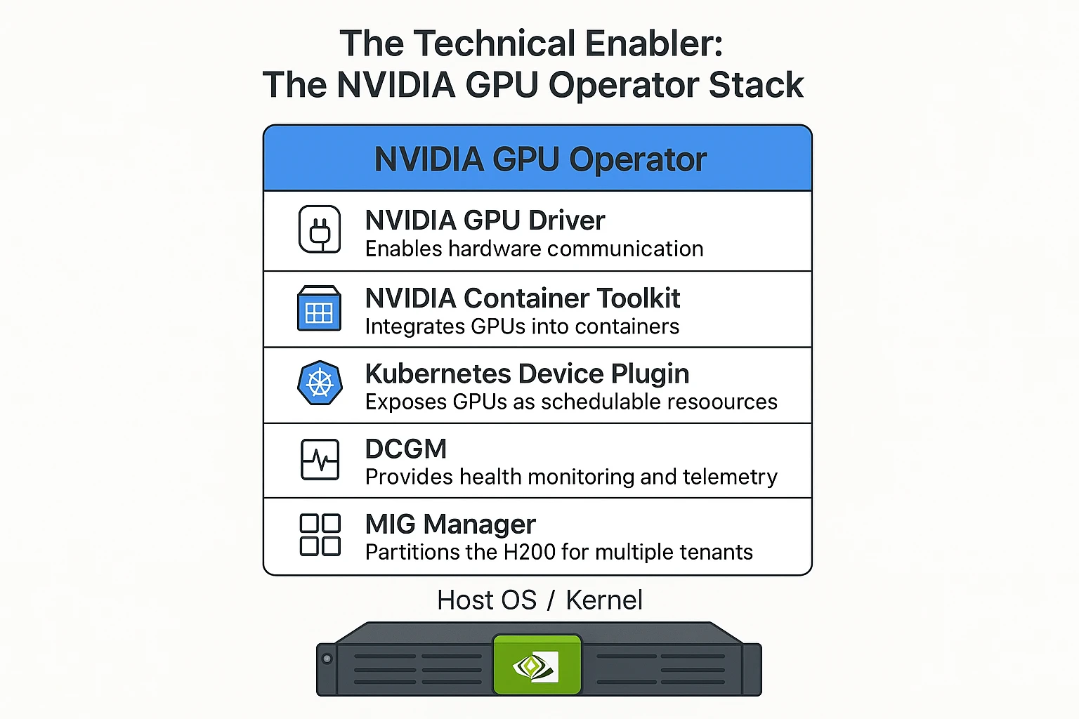 Layered diagram of the NVIDIA GPU Operator stack, showing the software components that connect H200 hardware to Kubernetes