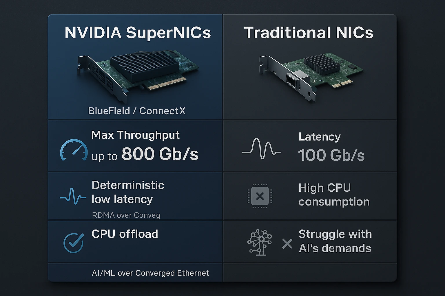 Guide for an infographic comparing NVIDIA SuperNICs (800 Gb/s, CPU offload) against Traditional NICs (100 Gb/s, high CPU consumption) for AI 