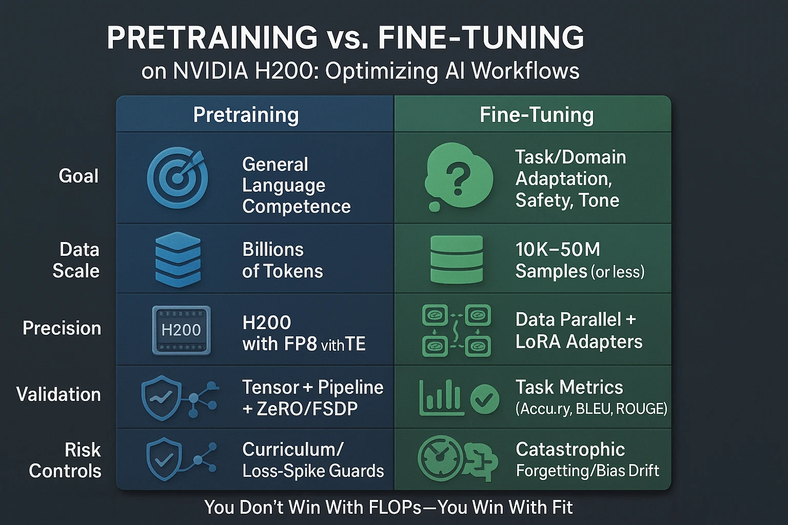 Infographic comparing Pretraining vs. Fine-Tuning workflows on NVIDIA H200 for optimised AI