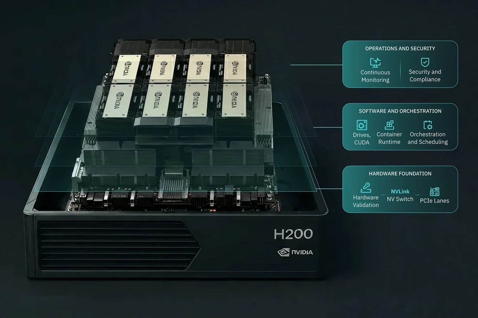 H200 server stack with integrated diagram: hardware, software, orchestration, monitoring, security deployment