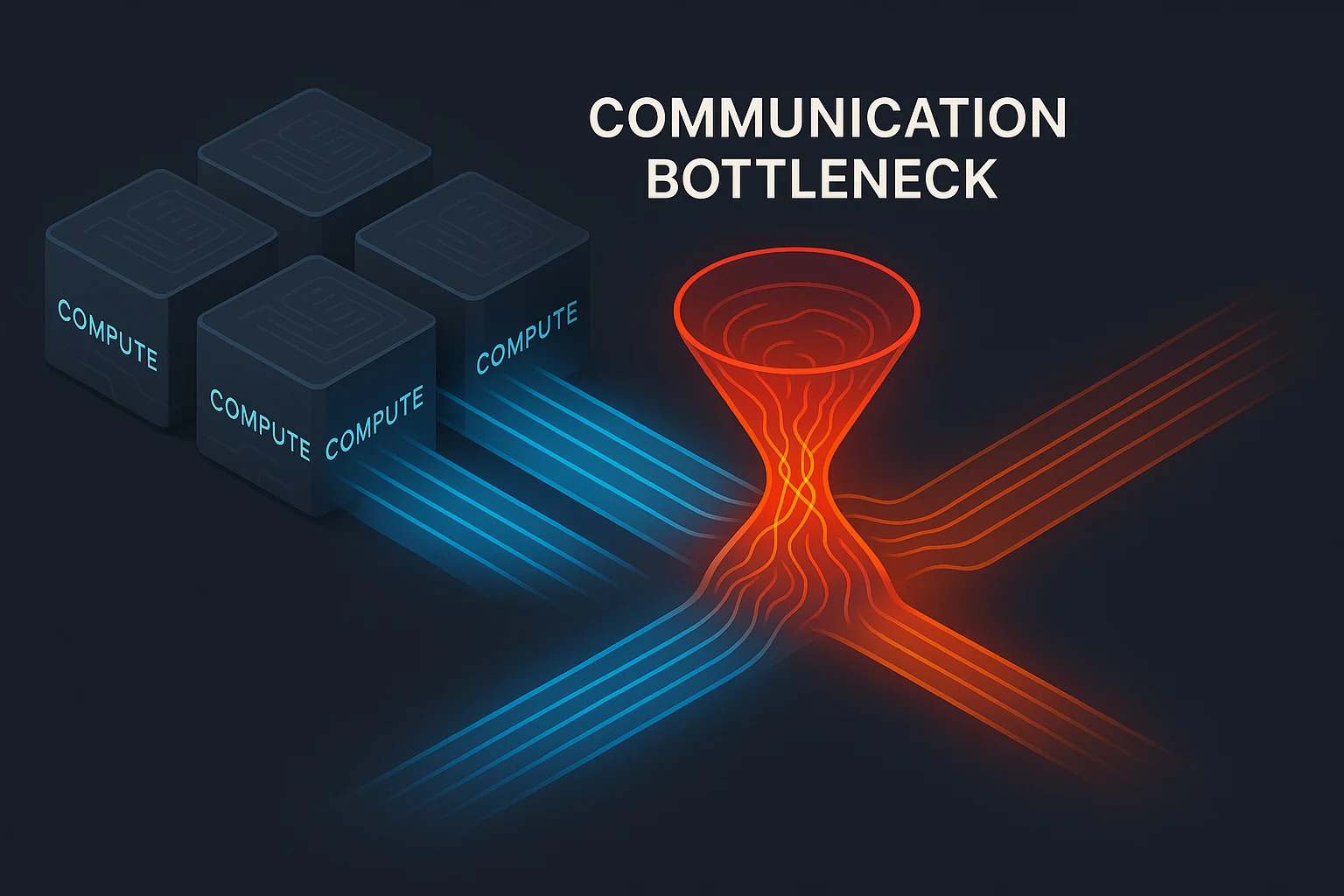 Infographic showing a communication bottleneck throttling data flow between idle GPUs in a multi-GPU system