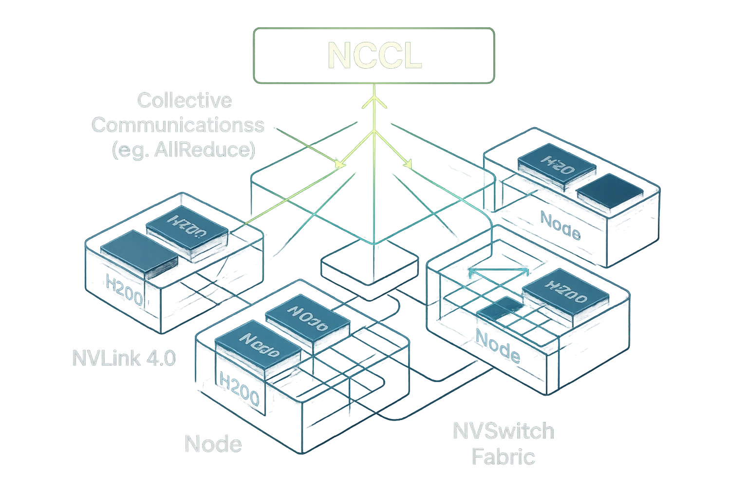 Architectural diagram of H200 GPUs in nodes, managed by an overarching NCCL software layer for efficient communication