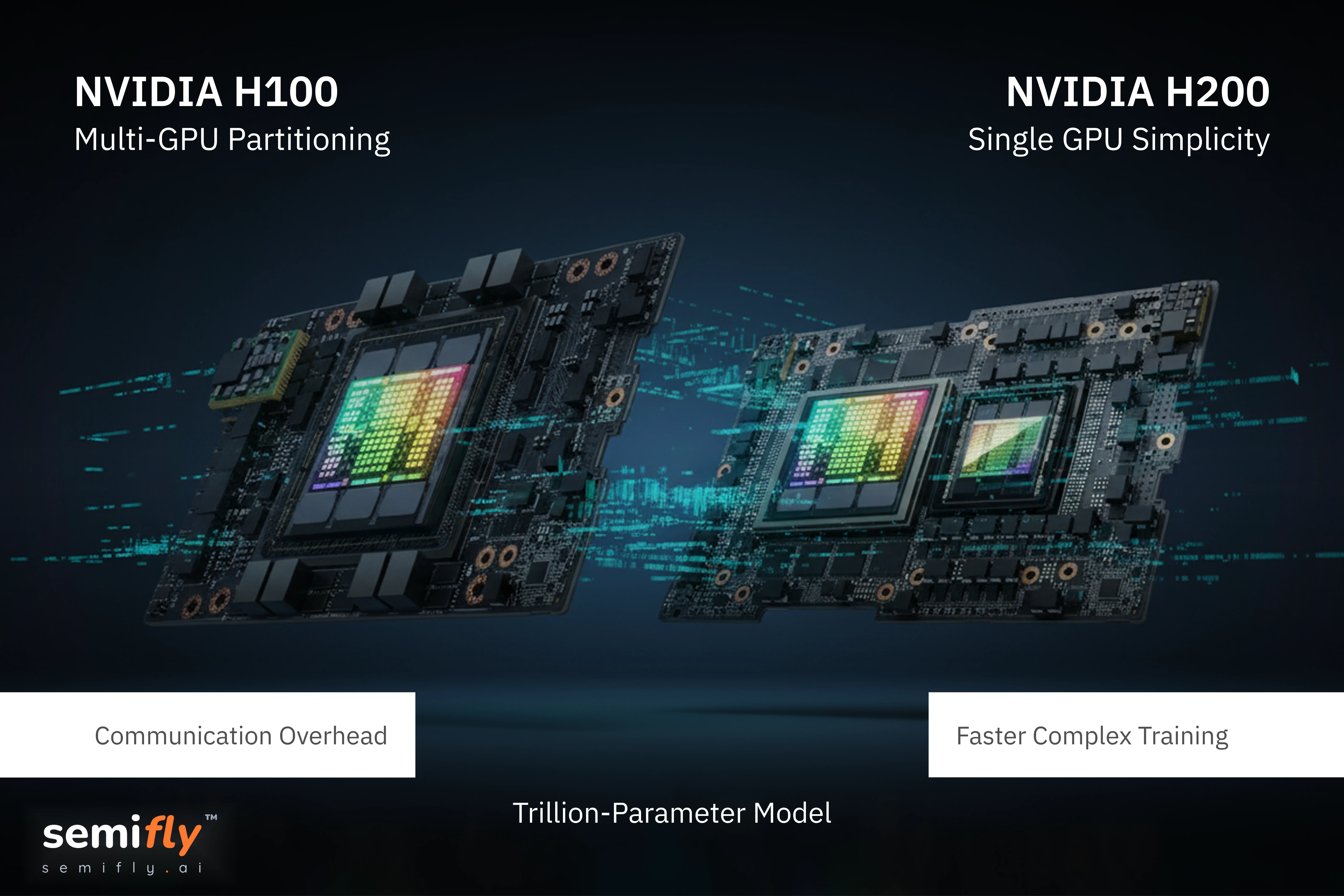 An infographic showing a large AI model split across four H100 GPUs, versus fitting entirely onto one larger H200 GPU