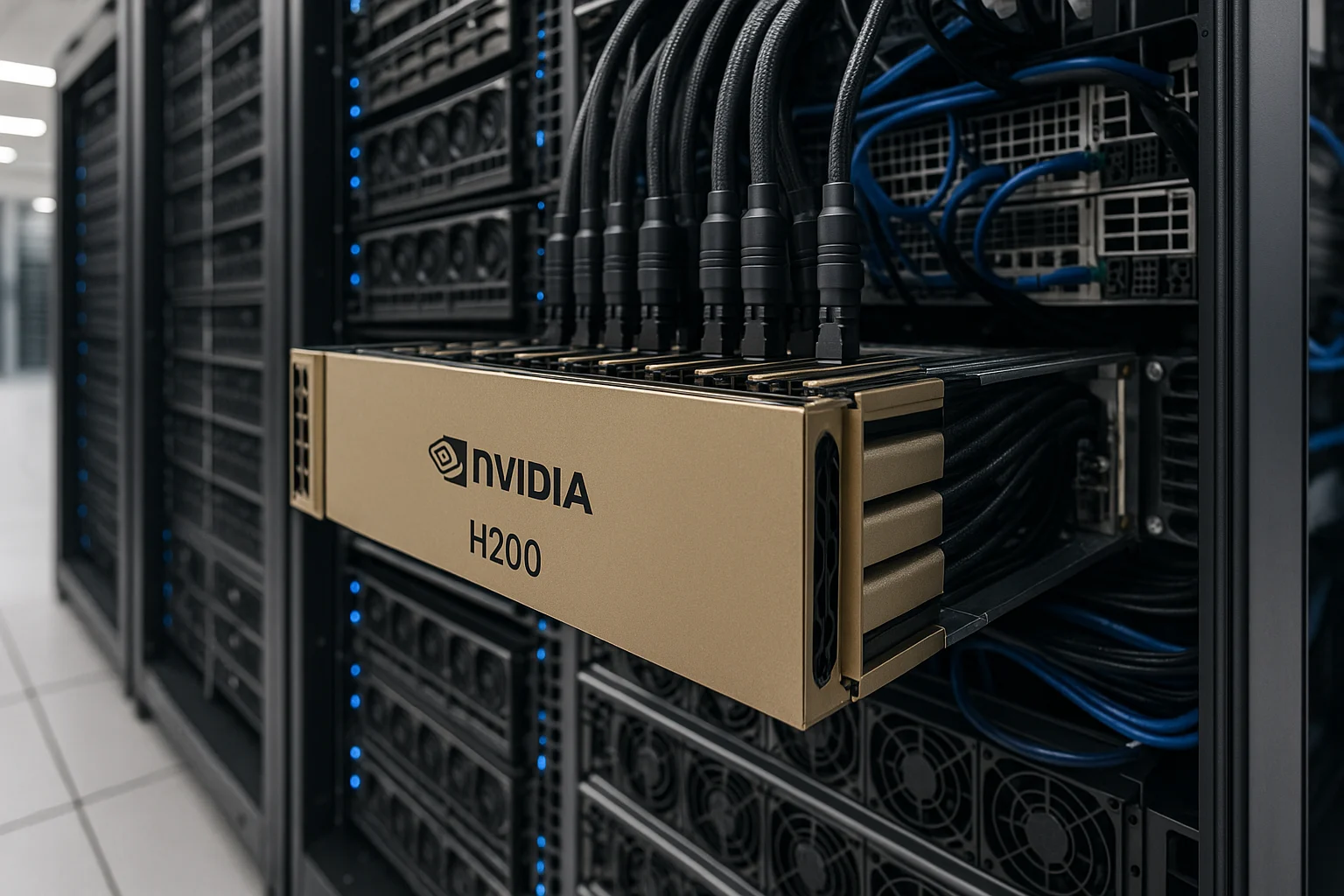 Photograph of NVIDIA H200 GPUs installed in a high-density server rack within a modern, professional data centre environment