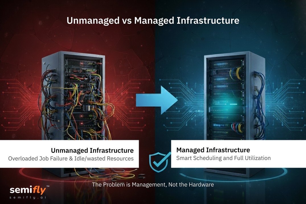 Split visual showing chaotic, idle GPUs versus ordered, smart scheduling for optimal AI resource utilization 