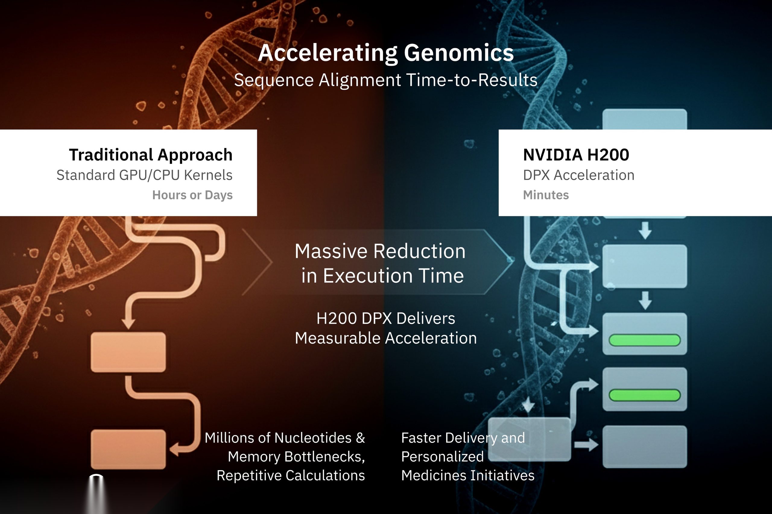H200 DPX reduces Genomics Sequence Alignment time from hours/days to minutes, accelerating research