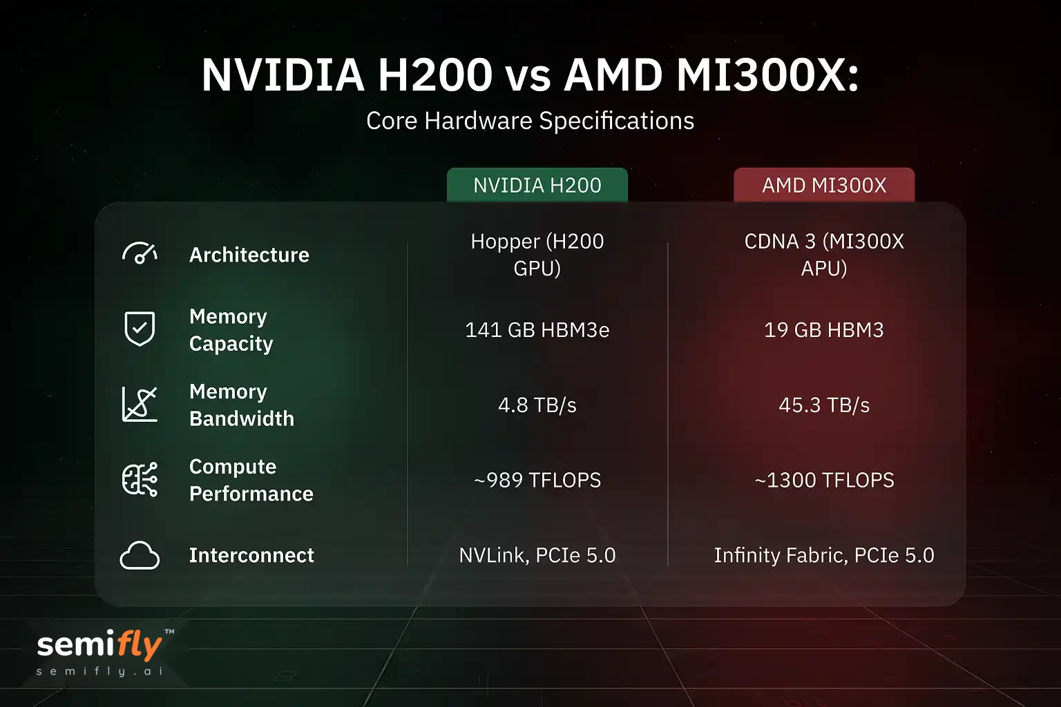 Radar chart comparing H200 (Training) and MI300X (Inference/HPC) workload specialization, with ecosystem annotations