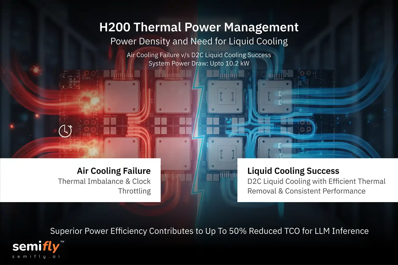 Schematic contrasting air cooling failure (thermal imbalance, 10.2 kW draw) with D2C liquid cooling success