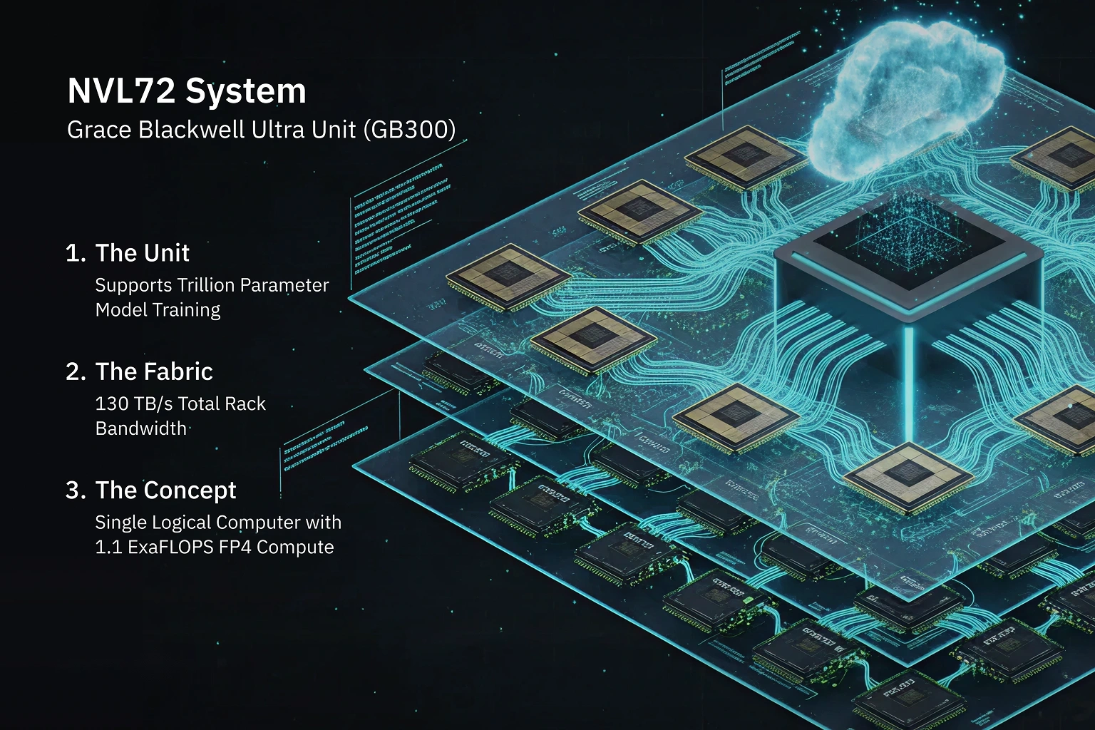Comparison of Hopper vs. Blackwell Ultra showing 7.5× throughput gain and efficiency metrics like tokens-per-watt