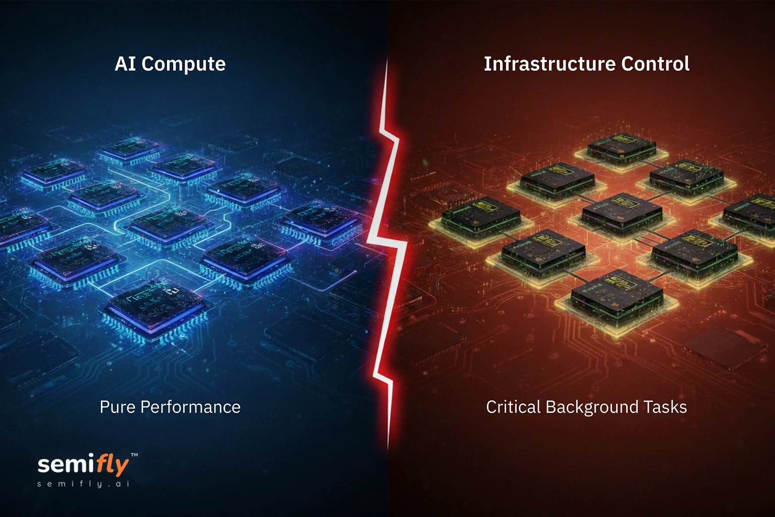 A split diagram illustrating the DGX B300's Dual-World Architecture. The left side, labelled "AI Compute," prominently features the Ultra GPUs dedicated to model execution and complex tasks like deep-chain attention acceleration